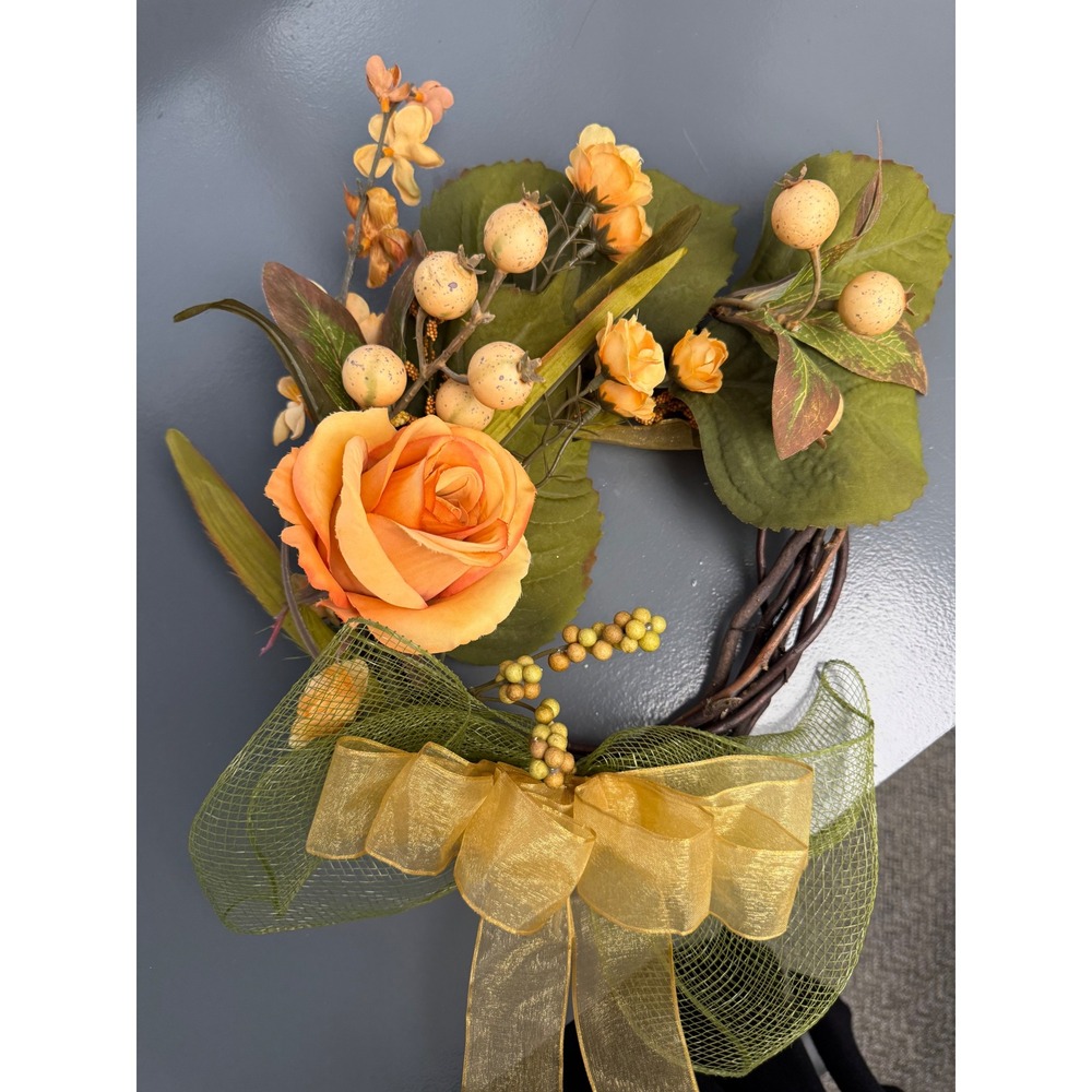 Autumn Floral Grapevine Wreath Orange Rose Berry Gold Bow Fall Decor